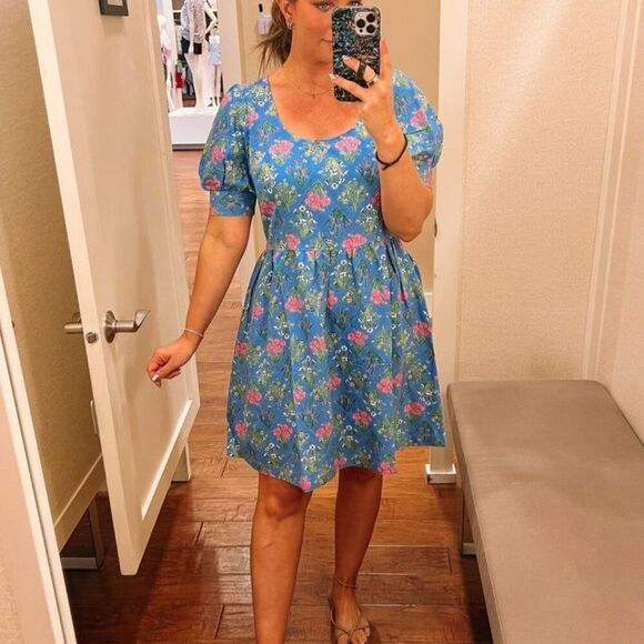 Ann Taylor LOFT Blue Floral U Neck Linen Blend Puff Sleeve Dress12 - Picture 1 of 11